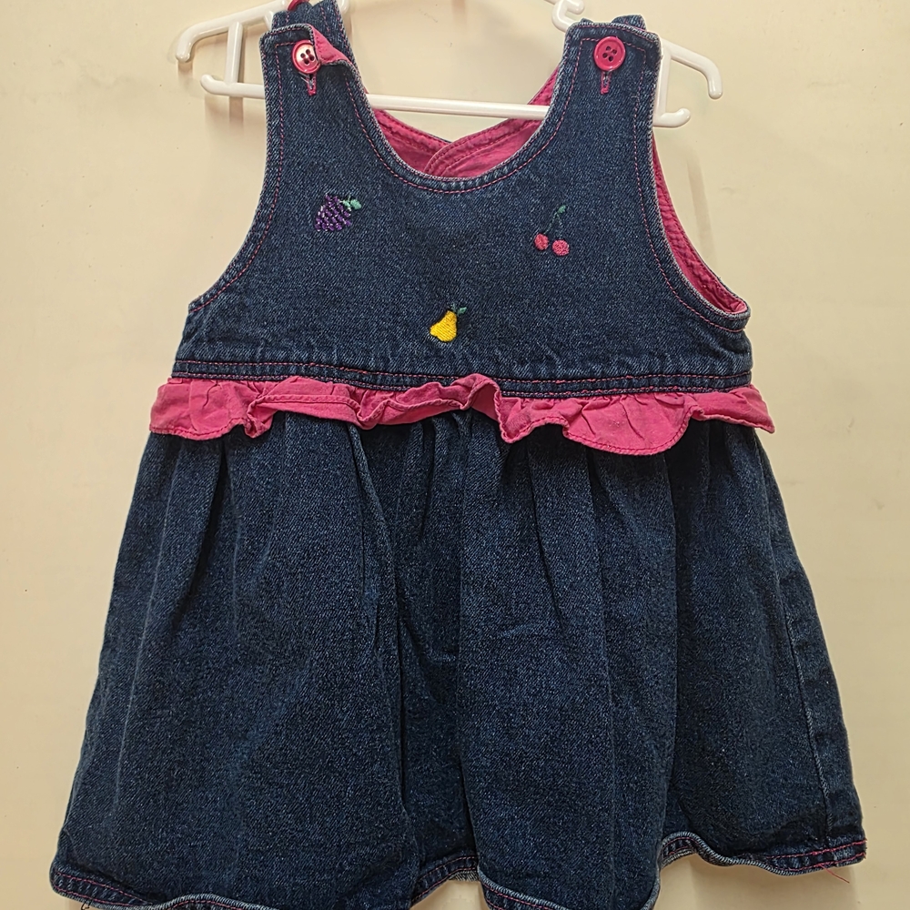 Stylish Kids Denim Dress with Fruit And Pink Accents